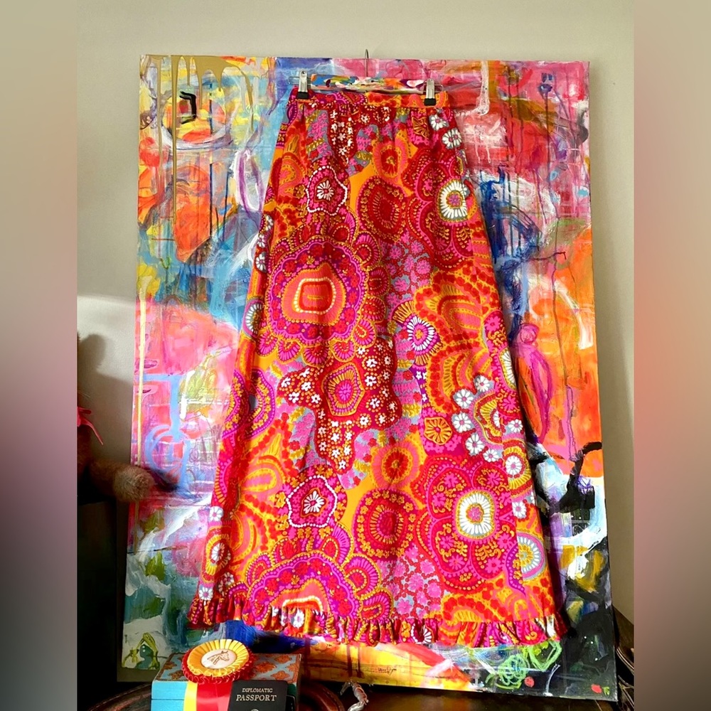 Rare Vintage ALICE of CALIFORNIA Vintage Floral 1960's MCM VIVID Maxi Skirt s/xs - Picture 8 of 9